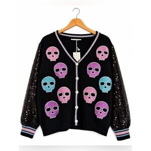 Grace + Emma Whimsigoth Goth Rainbow Glitter Skulls Cardigan NEW Size L/XL